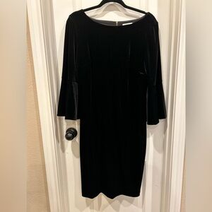 Gorgeous black velvet Calvin Klein dress with gold zipper back. Bell sleeves.